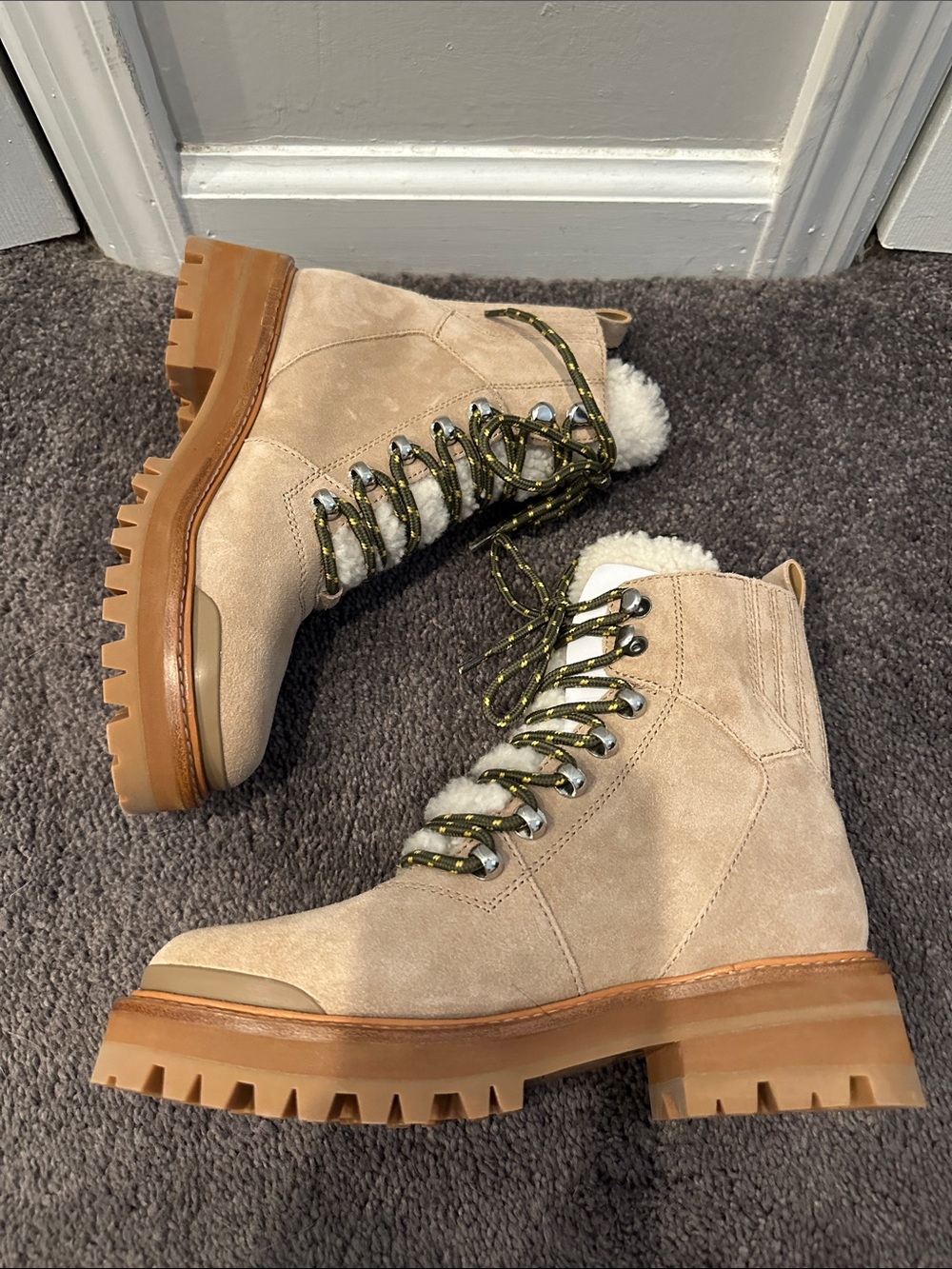 Marc Fisher Beige Suede Lug Sole Lace-Up Boots with Shearling Collar